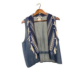 Vintage City Girl Sport Women 8 Shawl Collar Knit Fringe Blue Open Front Vest